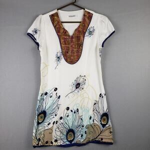 Vintage Vosari Size L Peacock Feather Print Tee Shirt Dress White Twee Kawaii